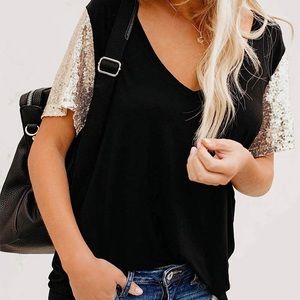 Topstype Womens V neck sequin sleeve black shirt size L